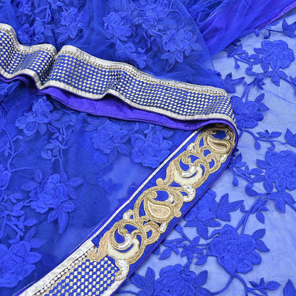 Indian Vintage Heavy Sari Royal Blue Net/Mesh Hand Embroidered Sarees Craft Fabric 6Yd Sewing Soft Zardozi Wedding sarees