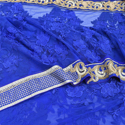 Indian Vintage Heavy Sari Royal Blue Net/Mesh Hand Embroidered Sarees Craft Fabric 6Yd Sewing Soft Zardozi Wedding sarees
