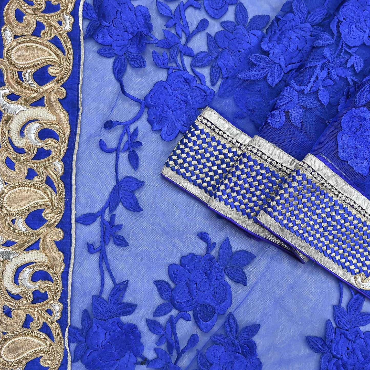Indian Vintage Heavy Sari Royal Blue Net/Mesh Hand Embroidered Sarees Craft Fabric 6Yd Sewing Soft Zardozi Wedding sarees