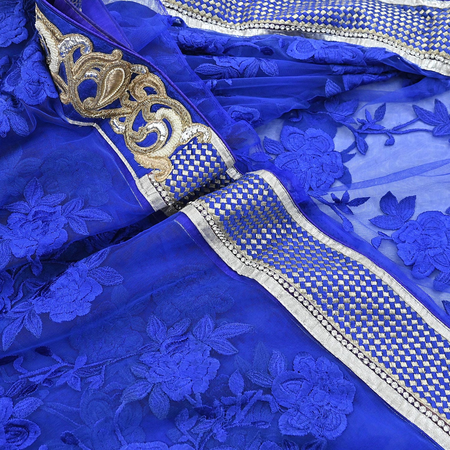 Indian Vintage Heavy Sari Royal Blue Net/Mesh Hand Embroidered Sarees Craft Fabric 6Yd Sewing Soft Zardozi Wedding sarees