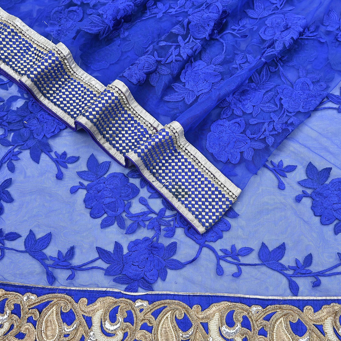 Indian Vintage Heavy Sari Royal Blue Net/Mesh Hand Embroidered Sarees Craft Fabric 6Yd Sewing Soft Zardozi Wedding sarees