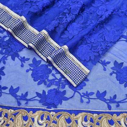 Indian Vintage Heavy Sari Royal Blue Net/Mesh Hand Embroidered Sarees Craft Fabric 6Yd Sewing Soft Zardozi Wedding sarees