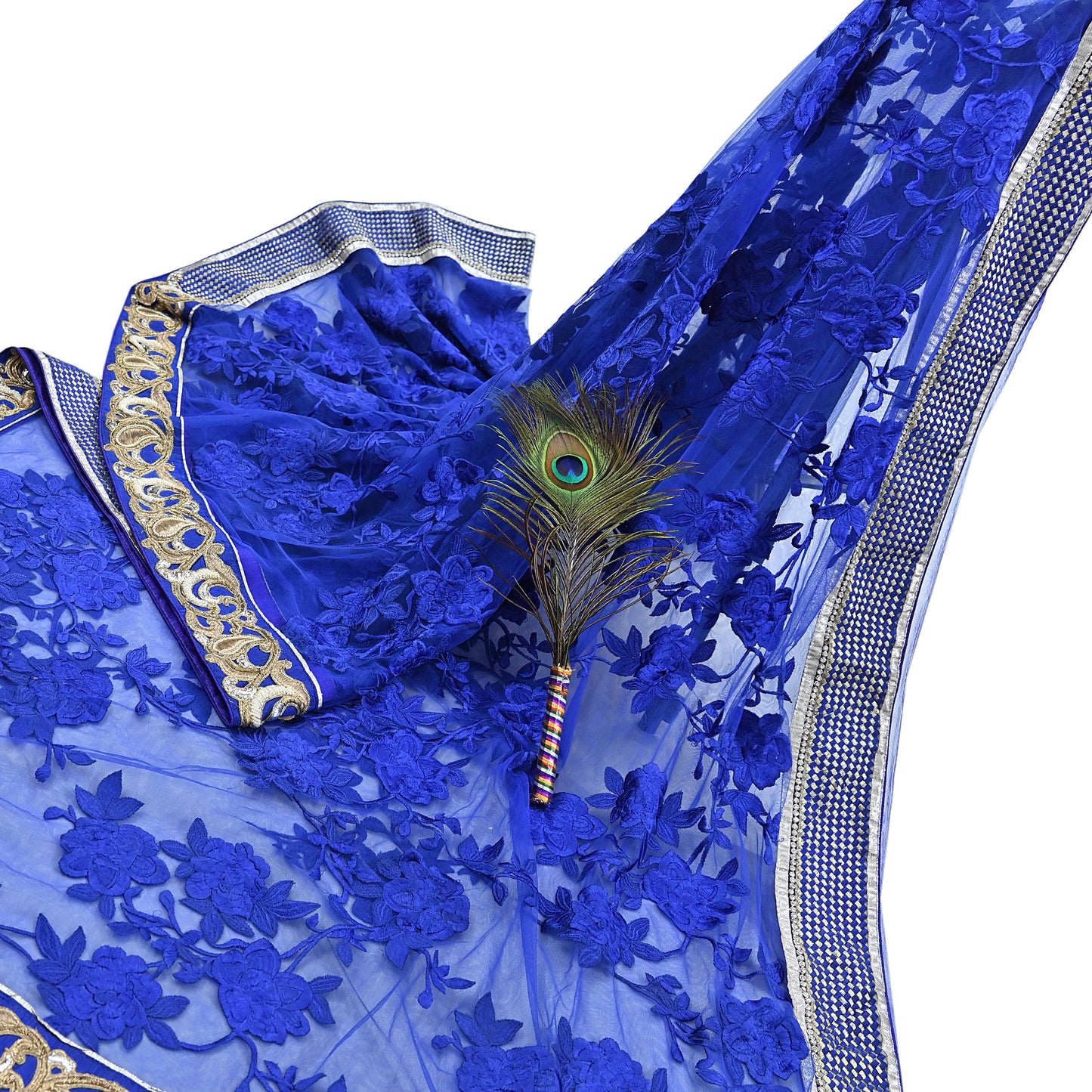 Indian Vintage Heavy Sari Royal Blue Net/Mesh Hand Embroidered Sarees Craft Fabric 6Yd Sewing Soft Zardozi Wedding sarees