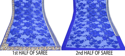 Indian Vintage Heavy Sari Royal Blue Net/Mesh Hand Embroidered Sarees Craft Fabric 6Yd Sewing Soft Zardozi Wedding sarees