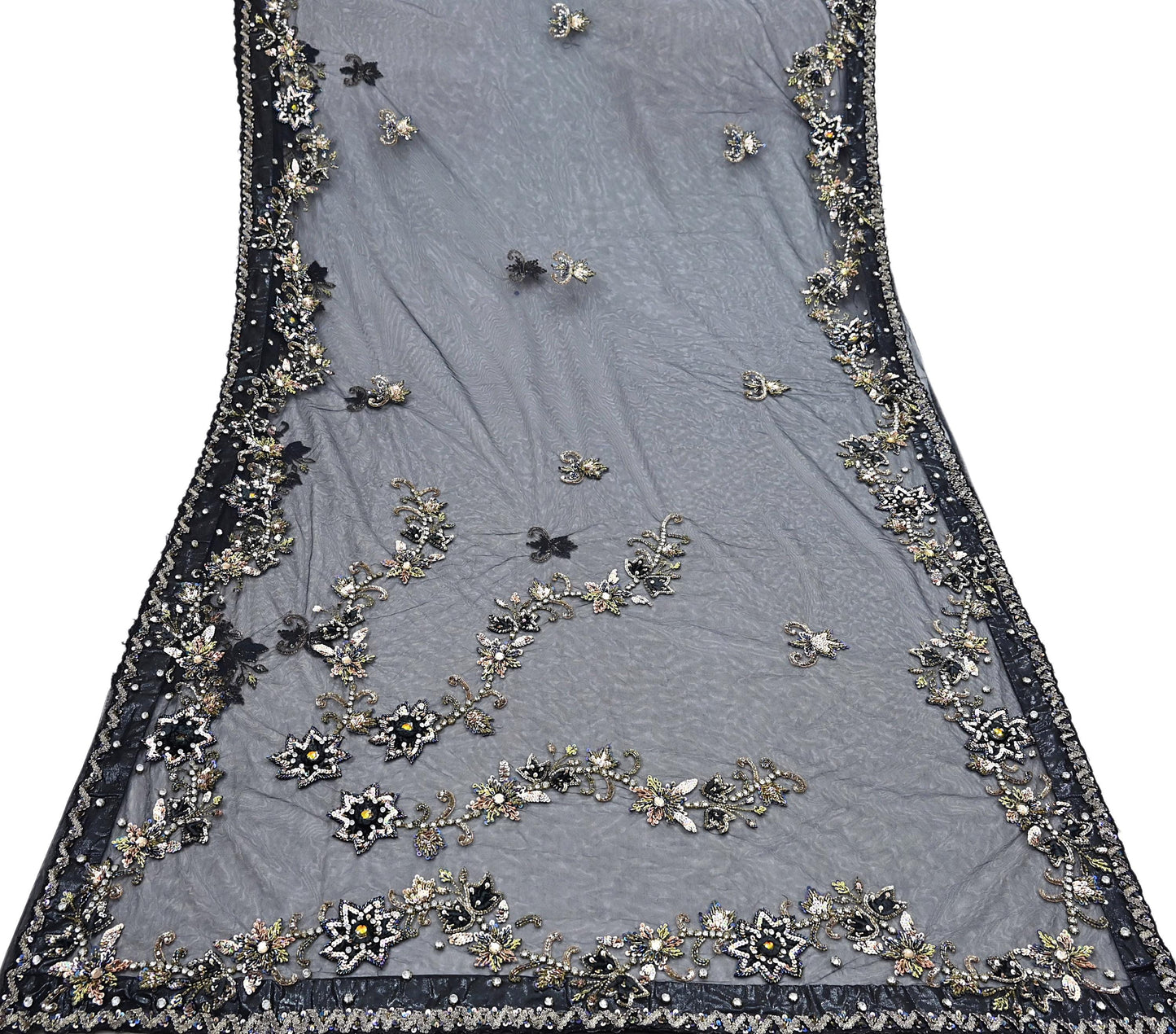Indian Heavy Sari Black Net/Mesh Hand Embroidered Sarees Craft Fabric 6Yd Sewing Soft Zardozi Wedding sarees