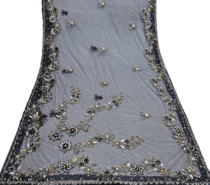 Indian Heavy Sari Black Net/Mesh Hand Embroidered Sarees Craft Fabric 6Yd Sewing Soft Zardozi Wedding sarees