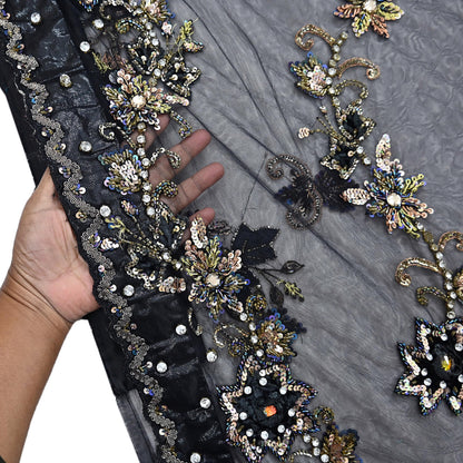 Indian Heavy Sari Black Net/Mesh Hand Embroidered Sarees Craft Fabric 6Yd Sewing Soft Zardozi Wedding sarees