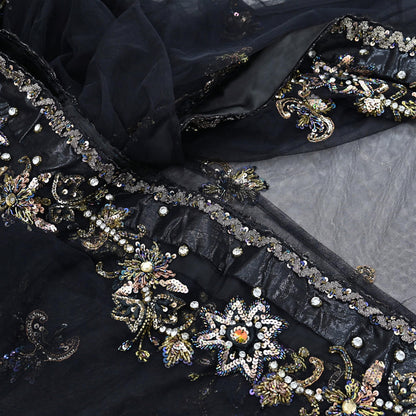 Indian Heavy Sari Black Net/Mesh Hand Embroidered Sarees Craft Fabric 6Yd Sewing Soft Zardozi Wedding sarees