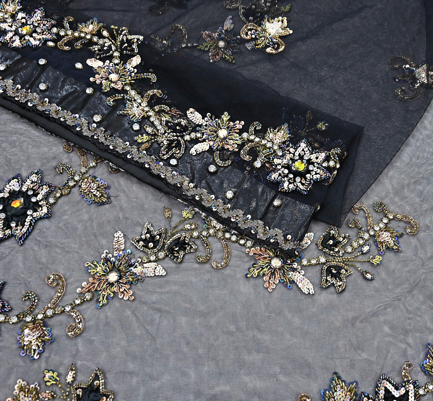Indian Heavy Sari Black Net/Mesh Hand Embroidered Sarees Craft Fabric 6Yd Sewing Soft Zardozi Wedding sarees