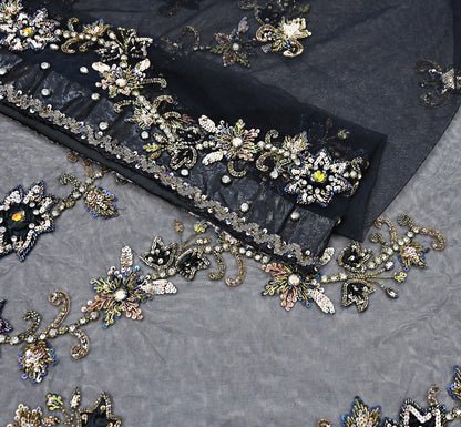 Indian Heavy Sari Black Net/Mesh Hand Embroidered Sarees Craft Fabric 6Yd Sewing Soft Zardozi Wedding sarees