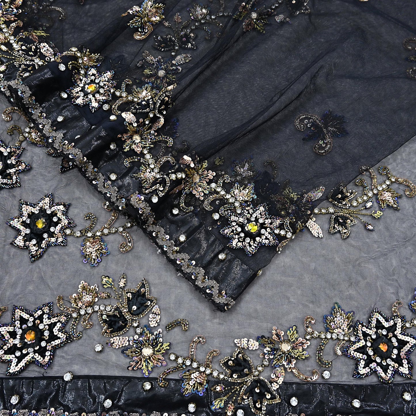 Indian Heavy Sari Black Net/Mesh Hand Embroidered Sarees Craft Fabric 6Yd Sewing Soft Zardozi Wedding sarees