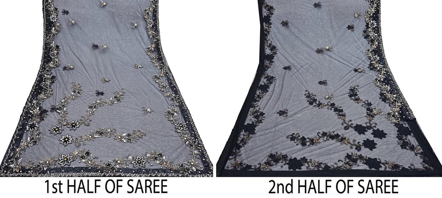 Indian Heavy Sari Black Net/Mesh Hand Embroidered Sarees Craft Fabric 6Yd Sewing Soft Zardozi Wedding sarees
