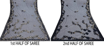 Indian Heavy Sari Black Net/Mesh Hand Embroidered Sarees Craft Fabric 6Yd Sewing Soft Zardozi Wedding sarees