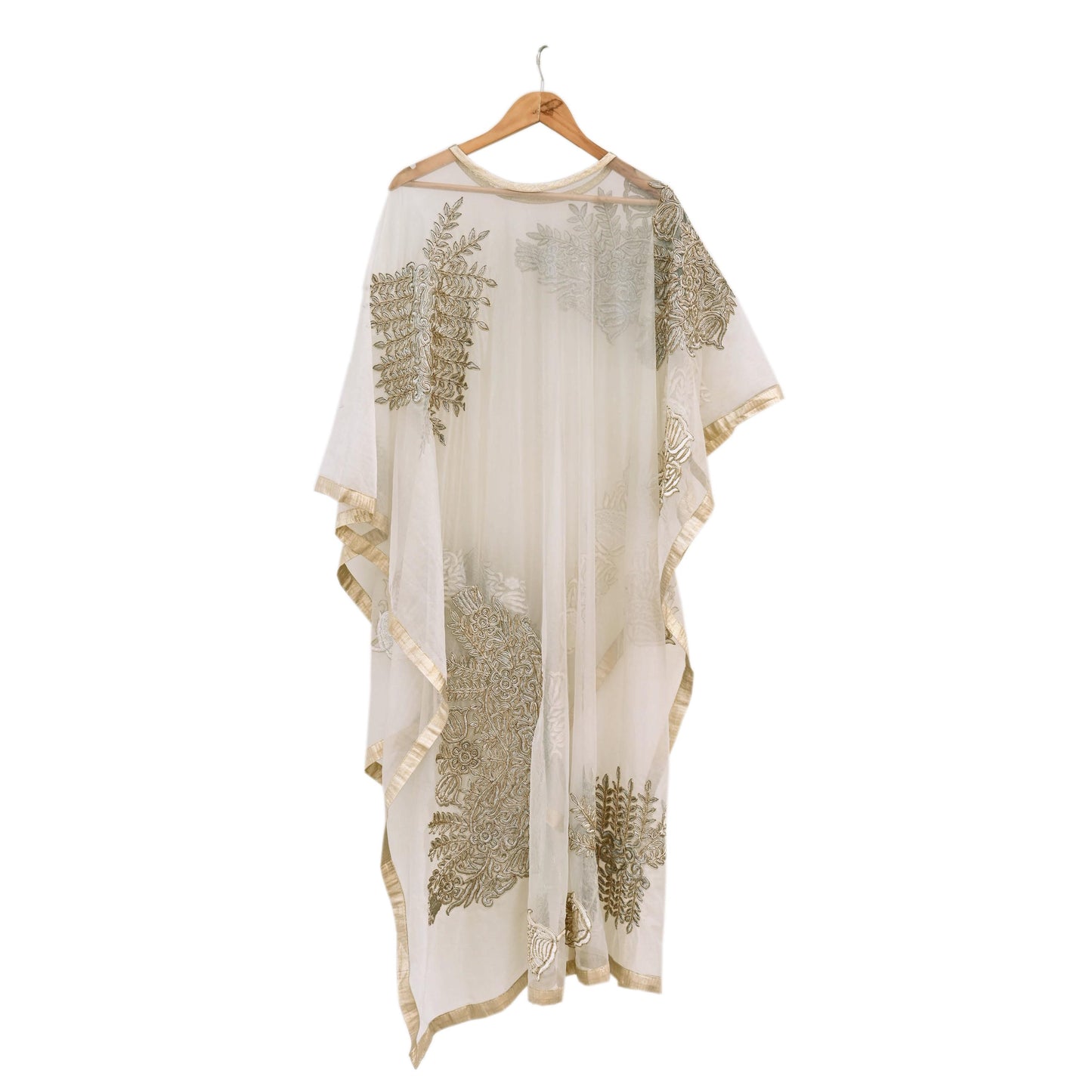 Indian White Net Kaftan Hand Embroidered Zardozi Dabka Work Pre-Owned Kaftan Dress Luxury Ethnic Wear Free size