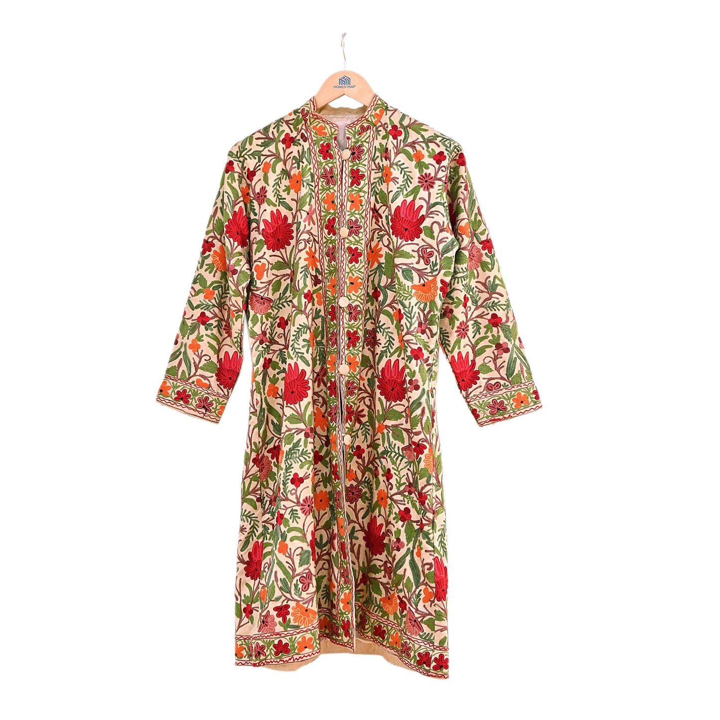 Indian Vintage Beige Embroidered Kashmiri Coat, Aari Embroidery, Raw Silk Coat, Boho Jacket For Both Women/Men Indian Coat