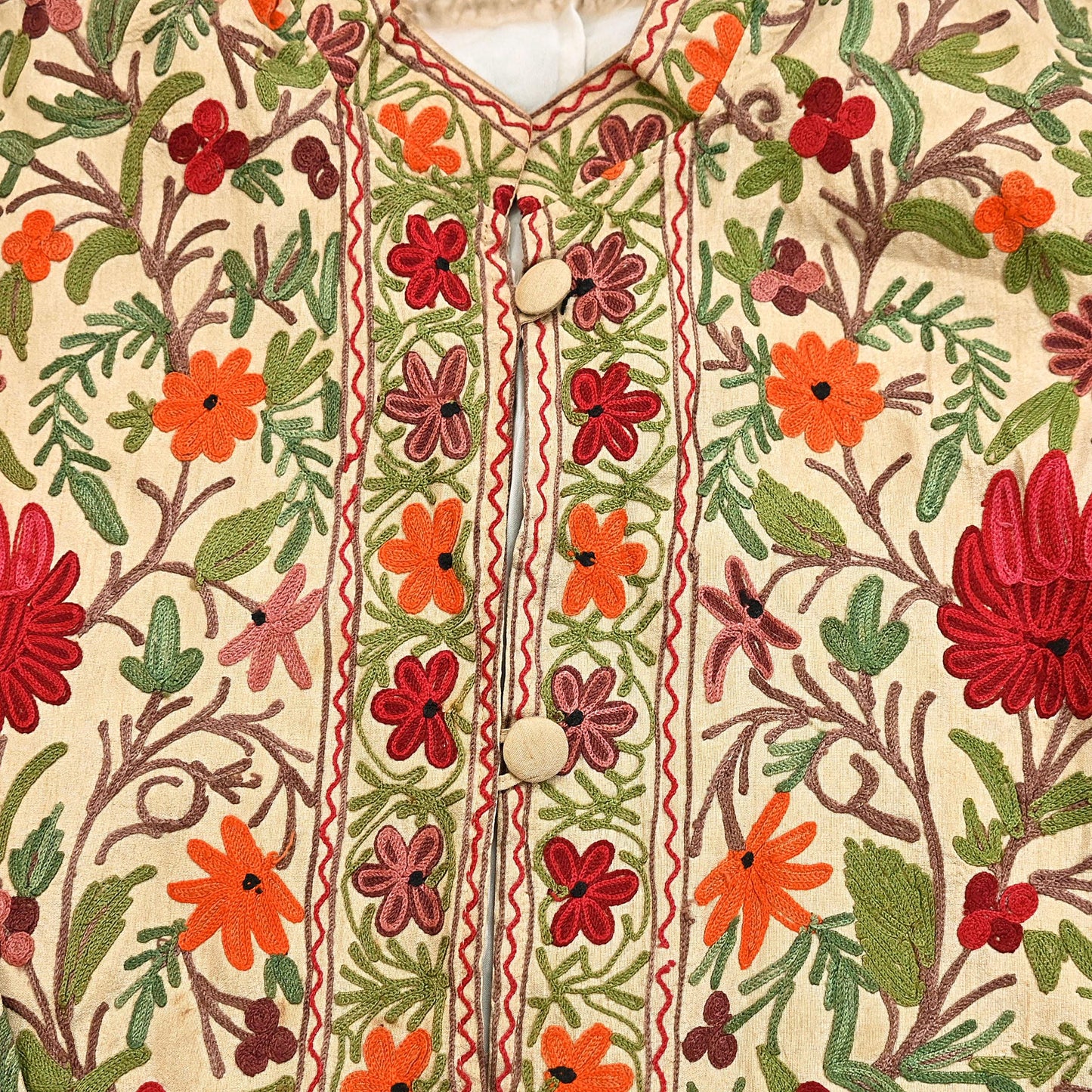 Indian Vintage Beige Embroidered Kashmiri Coat, Aari Embroidery, Raw Silk Coat, Boho Jacket For Both Women/Men Indian Coat