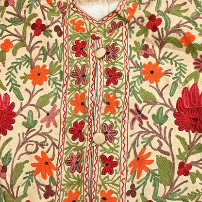 Indian Vintage Beige Embroidered Kashmiri Coat, Aari Embroidery, Raw Silk Coat, Boho Jacket For Both Women/Men Indian Coat