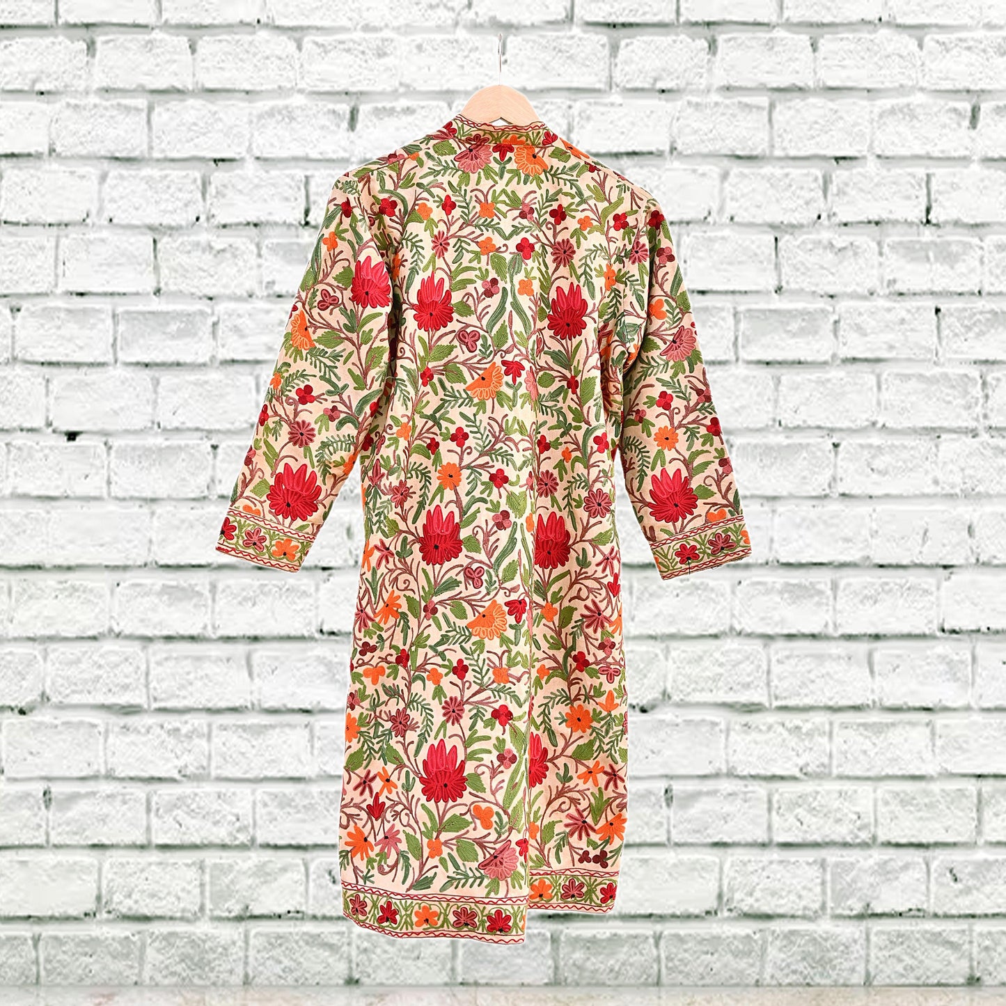Indian Vintage Beige Embroidered Kashmiri Coat, Aari Embroidery, Raw Silk Coat, Boho Jacket For Both Women/Men Indian Coat