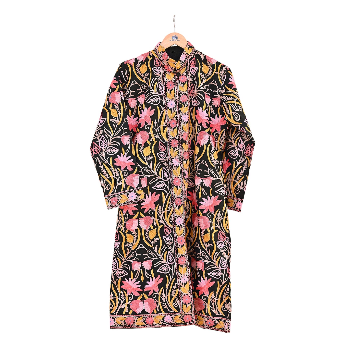 Indian Vintage Black Embroidered Kashmiri Coat, Aari Embroidery, Raw Silk Coat, Boho Jacket For Both Women/Men Indian Coat