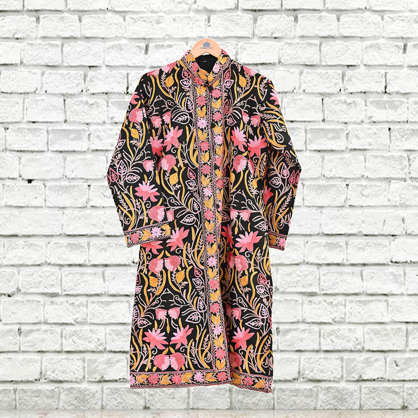 Indian Vintage Black Embroidered Kashmiri Coat, Aari Embroidery, Raw Silk Coat, Boho Jacket For Both Women/Men Indian Coat