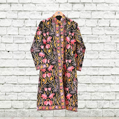 Indian Vintage Black Embroidered Kashmiri Coat, Aari Embroidery, Raw Silk Coat, Boho Jacket For Both Women/Men Indian Coat