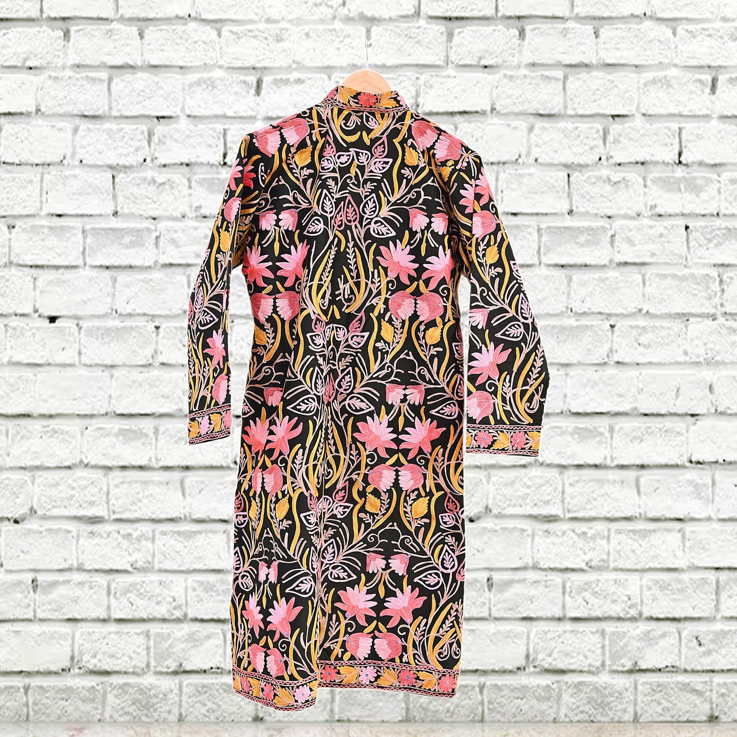 Indian Vintage Black Embroidered Kashmiri Coat, Aari Embroidery, Raw Silk Coat, Boho Jacket For Both Women/Men Indian Coat