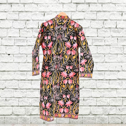 Indian Vintage Black Embroidered Kashmiri Coat, Aari Embroidery, Raw Silk Coat, Boho Jacket For Both Women/Men Indian Coat