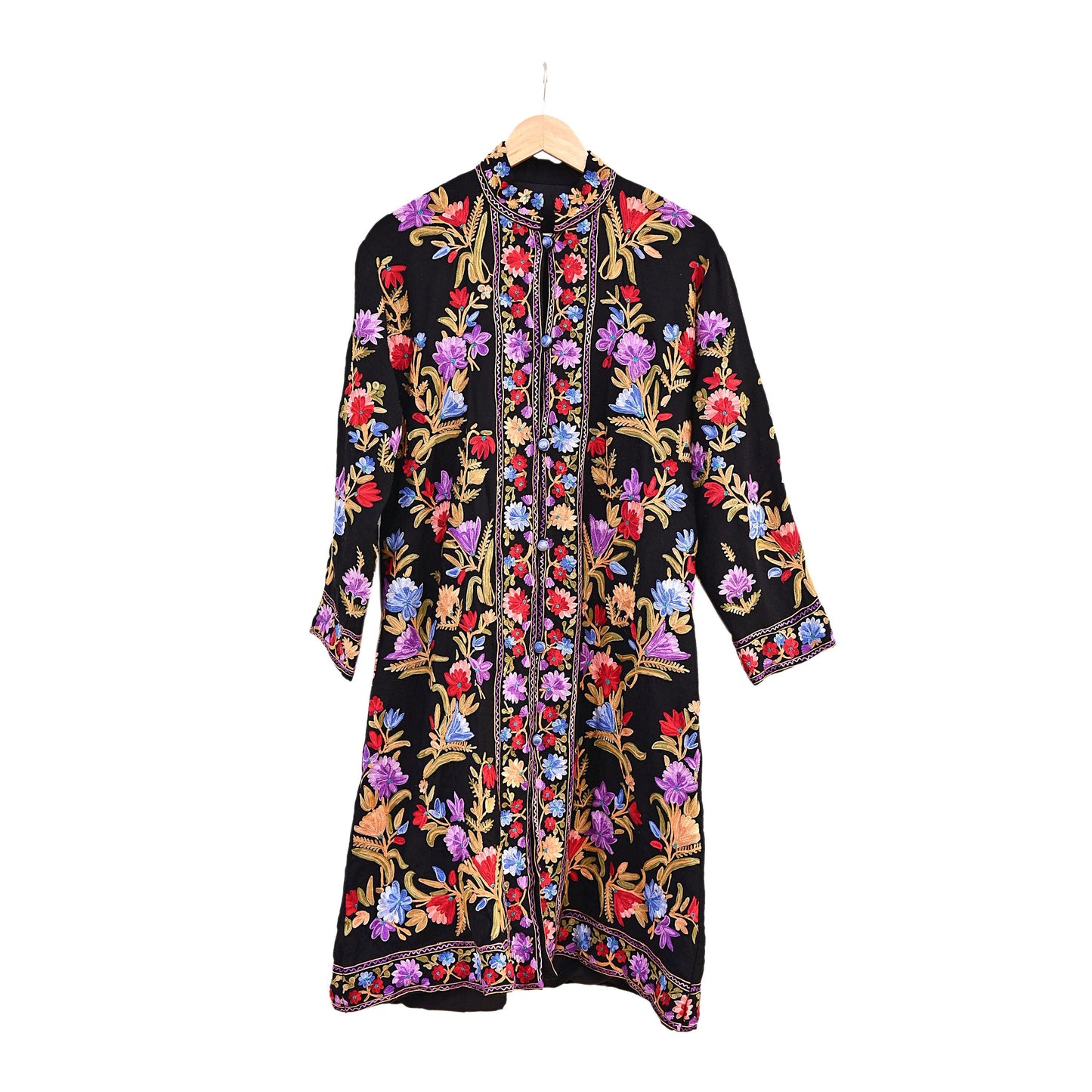 Indian Vintage Black Embroidered Kashmiri Coat, Aari Embroidery, Pure Woolen Coat, Boho Jacket For Both Women/Men Indian Coat