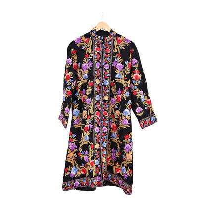 Indian Vintage Black Embroidered Kashmiri Coat, Aari Embroidery, Pure Woolen Coat, Boho Jacket For Both Women/Men Indian Coat