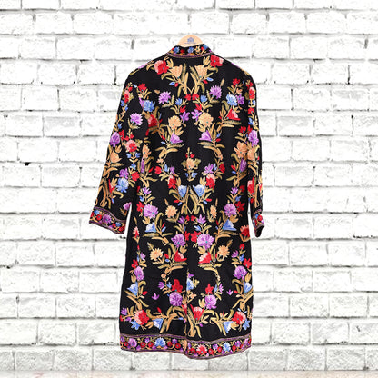 Indian Vintage Black Embroidered Kashmiri Coat, Aari Embroidery, Pure Woolen Coat, Boho Jacket For Both Women/Men Indian Coat