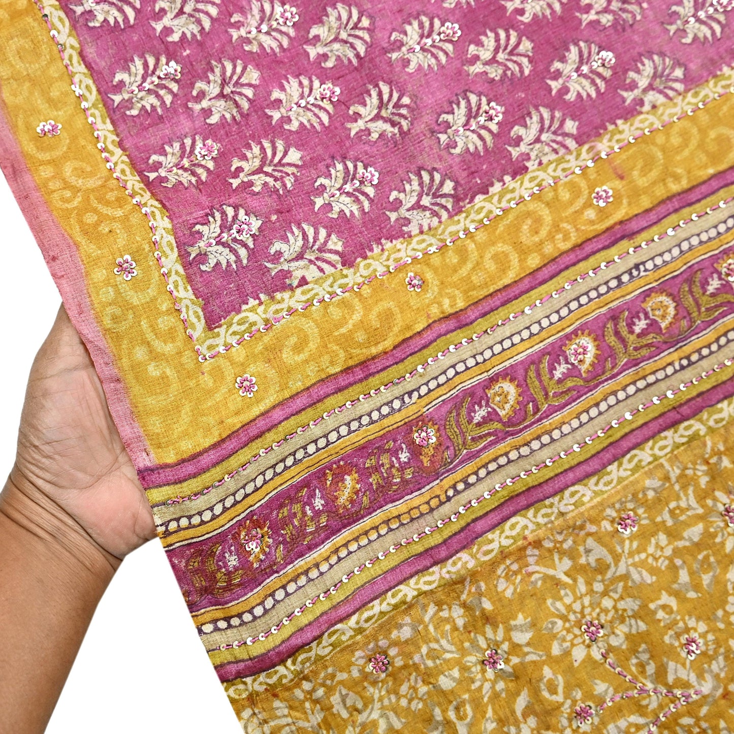 Indian Vintage Pink & Mustard Saree Pure Khadi Silk Handloom Hand Embroidered Sari Craft Fabric 5yd Ethnic Wear Dress making Crafting