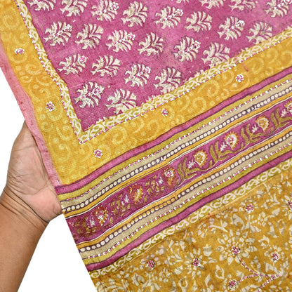 Indian Vintage Pink & Mustard Saree Pure Khadi Silk Handloom Hand Embroidered Sari Craft Fabric 5yd Ethnic Wear Dress making Crafting