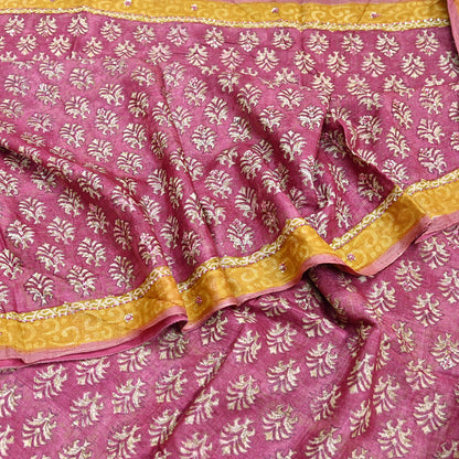 Indian Vintage Pink & Mustard Saree Pure Khadi Silk Handloom Hand Embroidered Sari Craft Fabric 5yd Ethnic Wear Dress making Crafting
