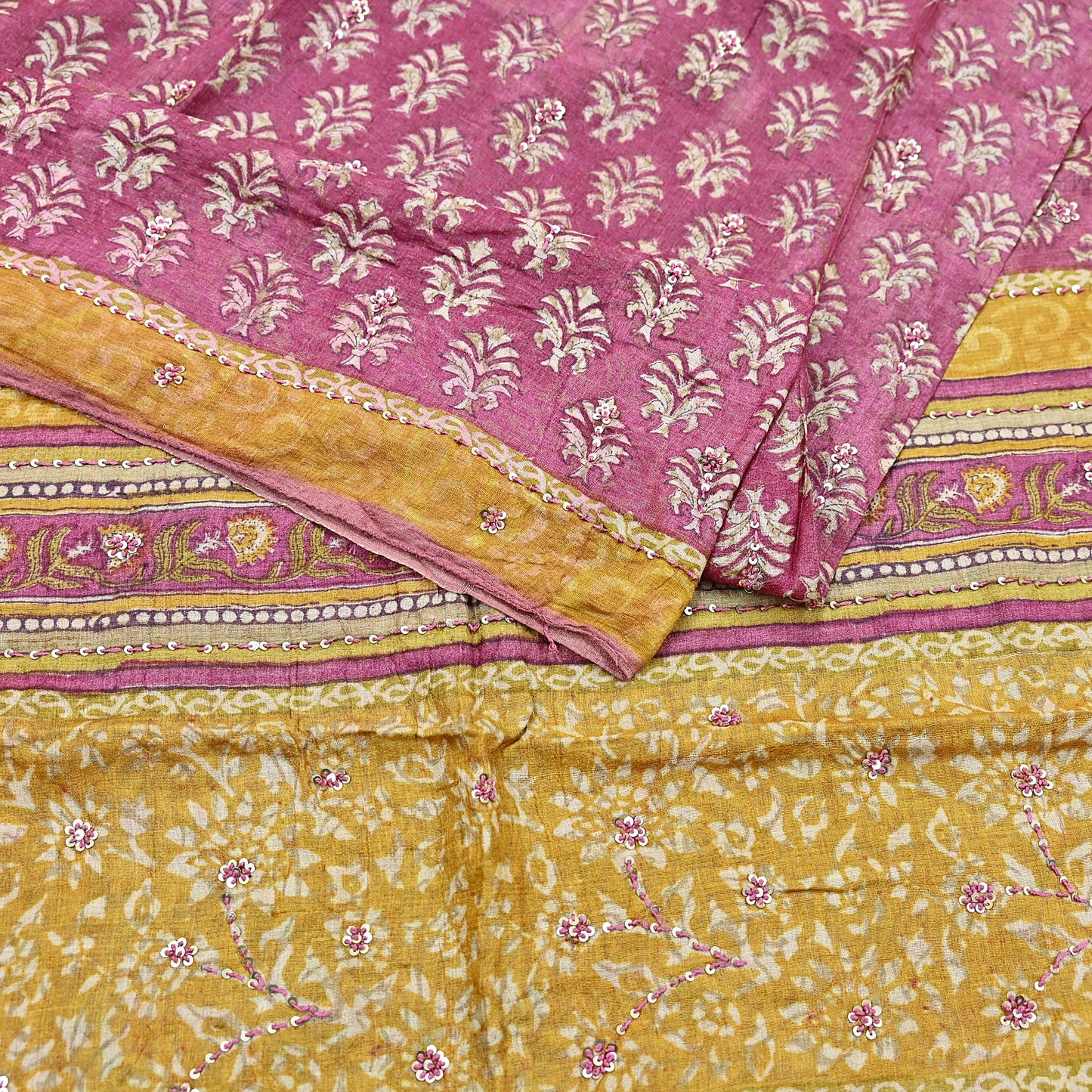 Indian Vintage Pink & Mustard Saree Pure Khadi Silk Handloom Hand Embroidered Sari Craft Fabric 5yd Ethnic Wear Dress making Crafting