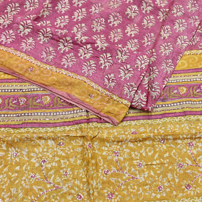 Indian Vintage Pink & Mustard Saree Pure Khadi Silk Handloom Hand Embroidered Sari Craft Fabric 5yd Ethnic Wear Dress making Crafting