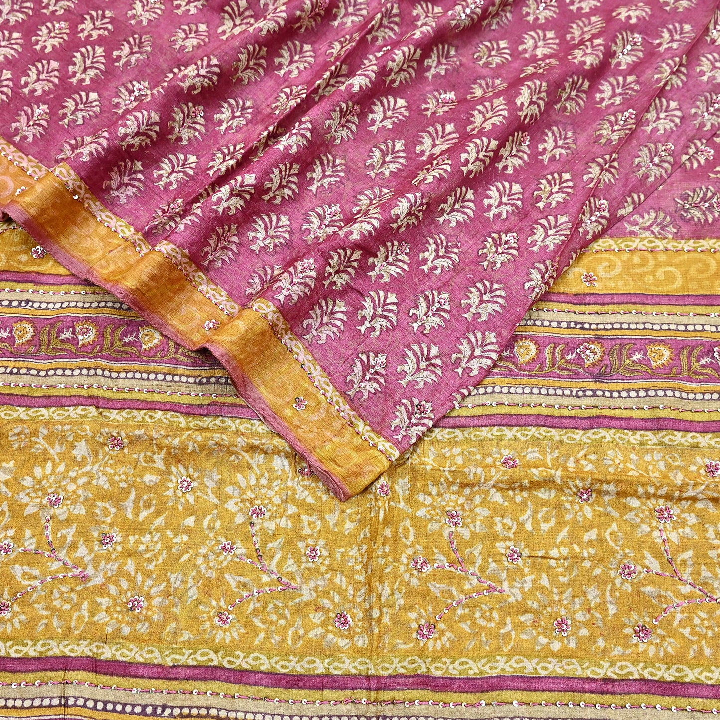 Indian Vintage Pink & Mustard Saree Pure Khadi Silk Handloom Hand Embroidered Sari Craft Fabric 5yd Ethnic Wear Dress making Crafting