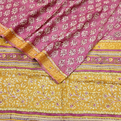 Indian Vintage Pink & Mustard Saree Pure Khadi Silk Handloom Hand Embroidered Sari Craft Fabric 5yd Ethnic Wear Dress making Crafting