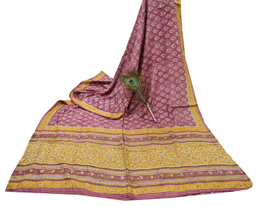 Indian Vintage Pink & Mustard Saree Pure Khadi Silk Handloom Hand Embroidered Sari Craft Fabric 5yd Ethnic Wear Dress making Crafting