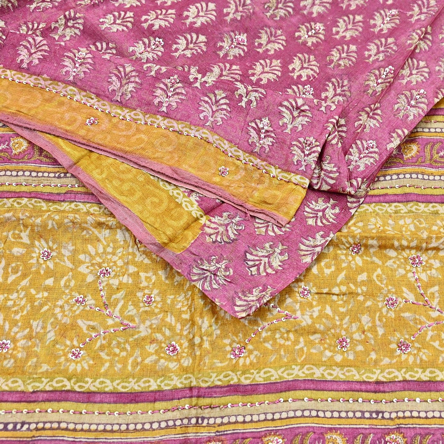 Indian Vintage Pink & Mustard Saree Pure Khadi Silk Handloom Hand Embroidered Sari Craft Fabric 5yd Ethnic Wear Dress making Crafting