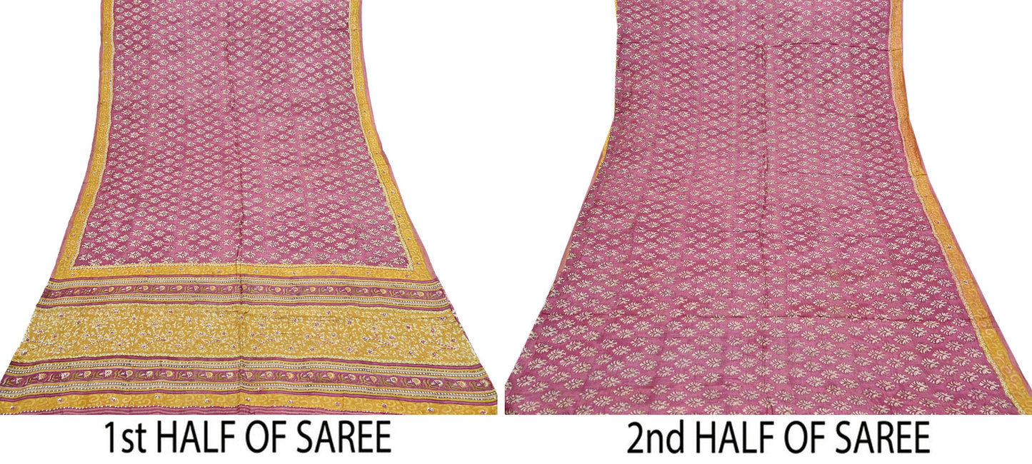 Indian Vintage Pink & Mustard Saree Pure Khadi Silk Handloom Hand Embroidered Sari Craft Fabric 5yd Ethnic Wear Dress making Crafting