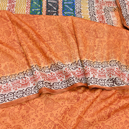 Indian Vintage Saffron Saree Pure Khadi Silk Handloom Warli Printed Sari Craft Fabric 5yd Ethnic Wear Sari Humans Dress making Crafting