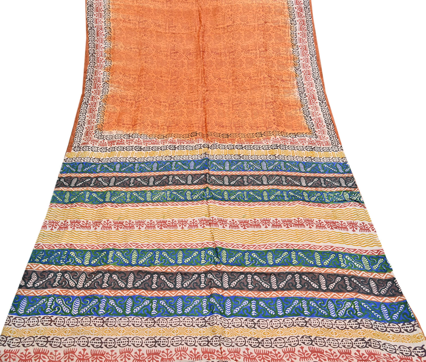Indian Vintage Saffron Saree Pure Khadi Silk Handloom Warli Printed Sari Craft Fabric 5yd Ethnic Wear Sari Humans Dress making Crafting
