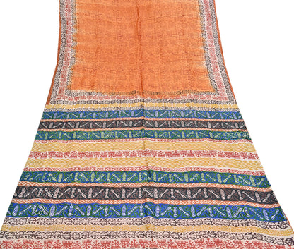 Indian Vintage Saffron Saree Pure Khadi Silk Handloom Warli Printed Sari Craft Fabric 5yd Ethnic Wear Sari Humans Dress making Crafting