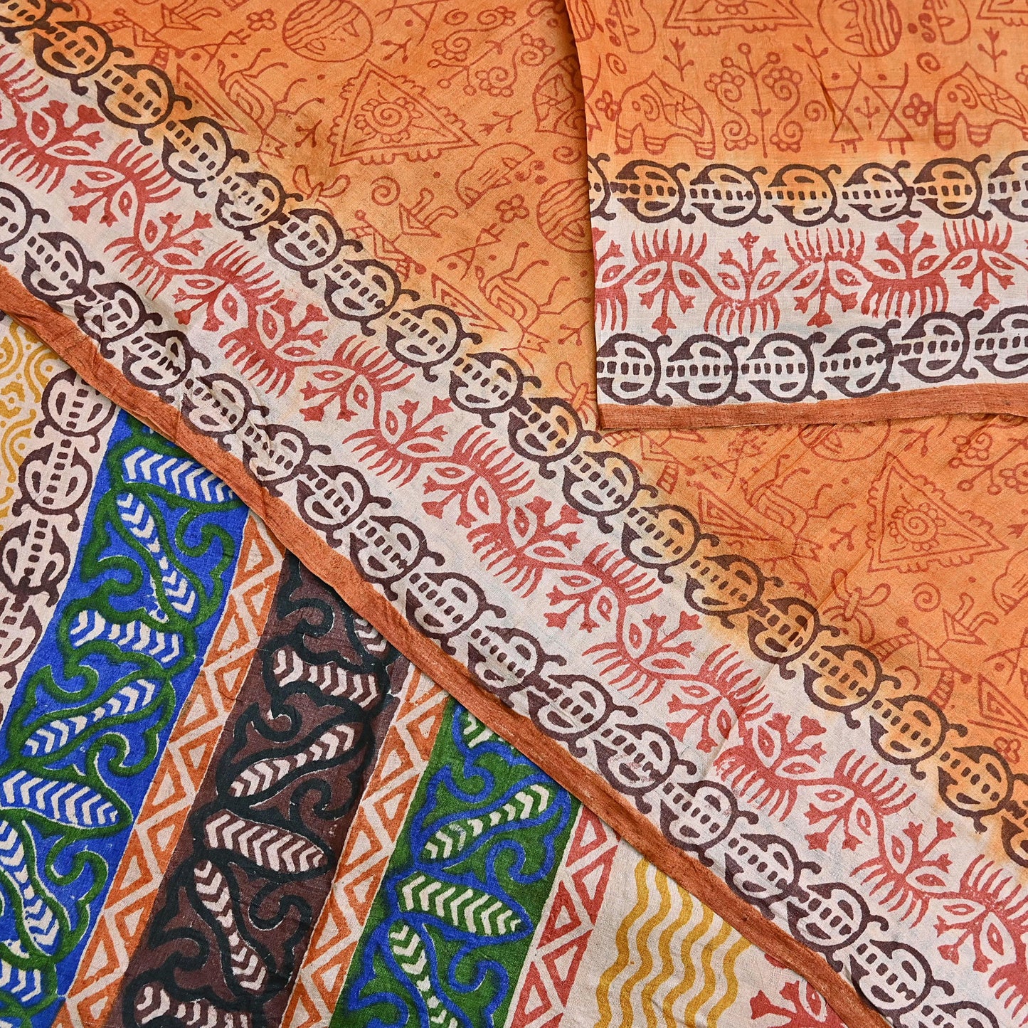 Indian Vintage Saffron Saree Pure Khadi Silk Handloom Warli Printed Sari Craft Fabric 5yd Ethnic Wear Sari Humans Dress making Crafting