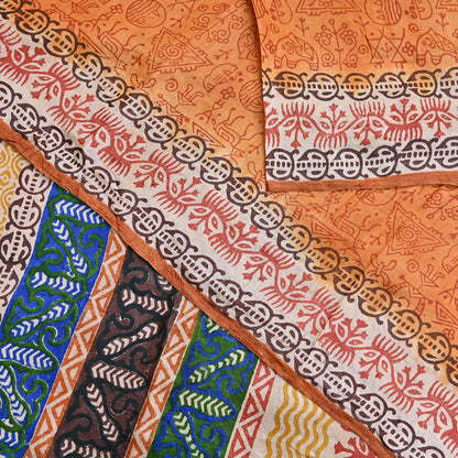 Indian Vintage Saffron Saree Pure Khadi Silk Handloom Warli Printed Sari Craft Fabric 5yd Ethnic Wear Sari Humans Dress making Crafting