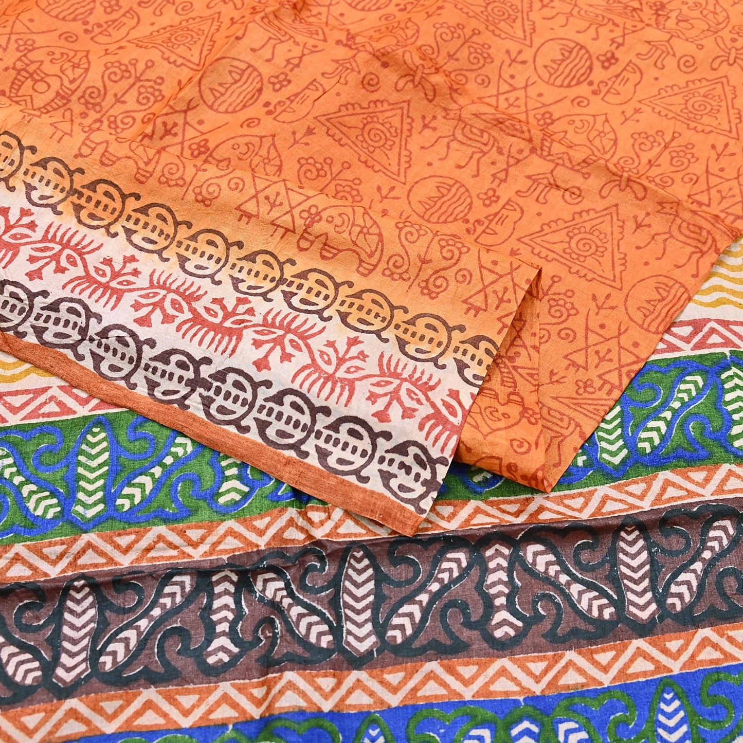Indian Vintage Saffron Saree Pure Khadi Silk Handloom Warli Printed Sari Craft Fabric 5yd Ethnic Wear Sari Humans Dress making Crafting