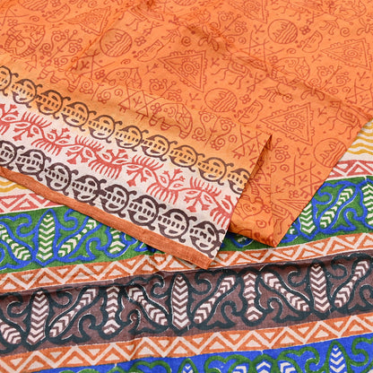 Indian Vintage Saffron Saree Pure Khadi Silk Handloom Warli Printed Sari Craft Fabric 5yd Ethnic Wear Sari Humans Dress making Crafting
