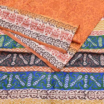 Indian Vintage Saffron Saree Pure Khadi Silk Handloom Warli Printed Sari Craft Fabric 5yd Ethnic Wear Sari Humans Dress making Crafting