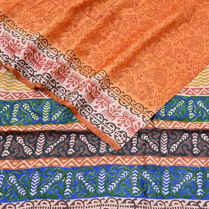 Indian Vintage Saffron Saree Pure Khadi Silk Handloom Warli Printed Sari Craft Fabric 5yd Ethnic Wear Sari Humans Dress making Crafting