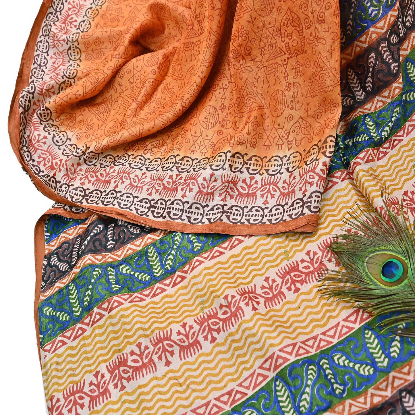 Indian Vintage Saffron Saree Pure Khadi Silk Handloom Warli Printed Sari Craft Fabric 5yd Ethnic Wear Sari Humans Dress making Crafting